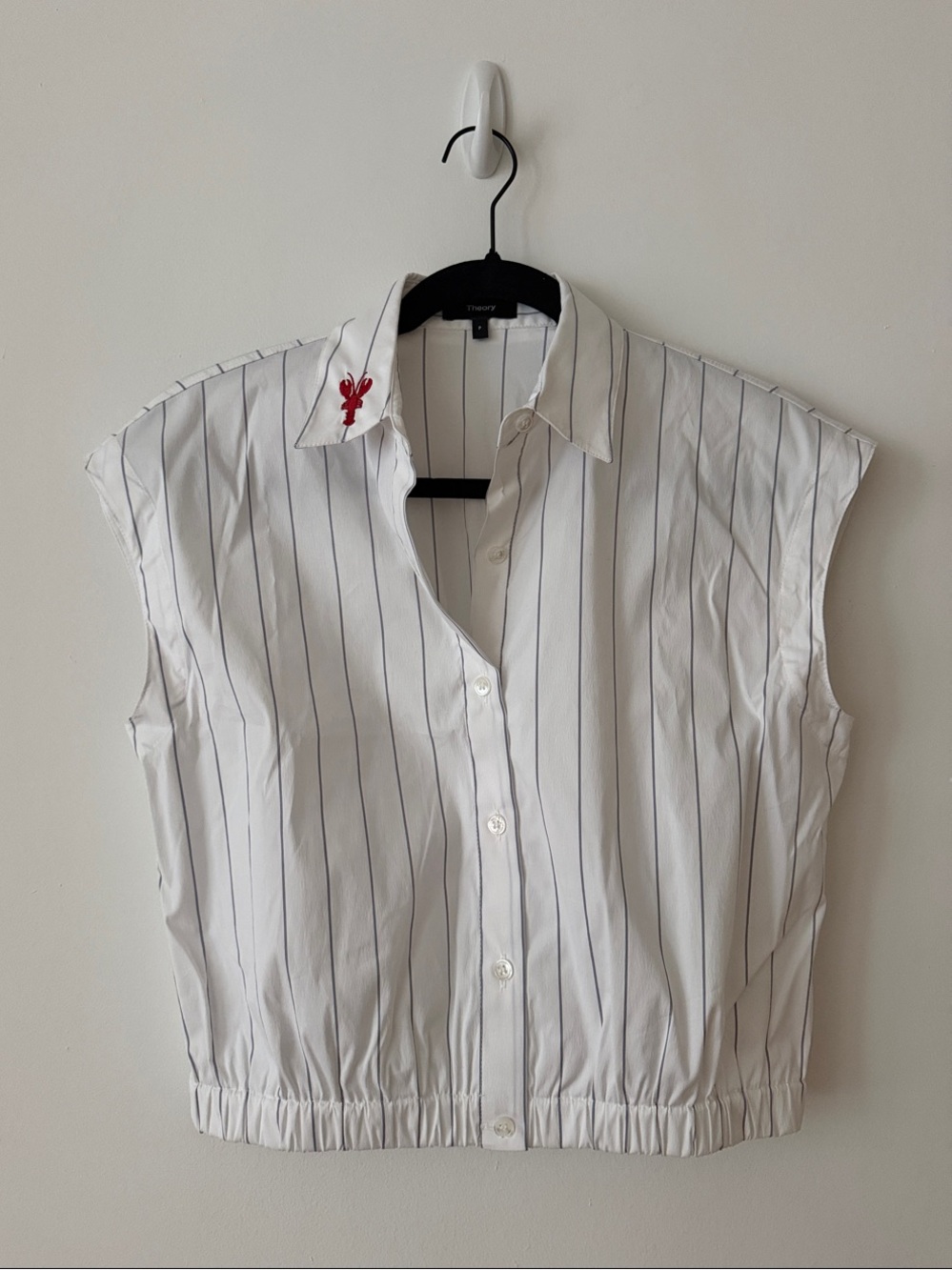 Theory Pinstripe Cropped Button-Down Top with Embroidery Size P